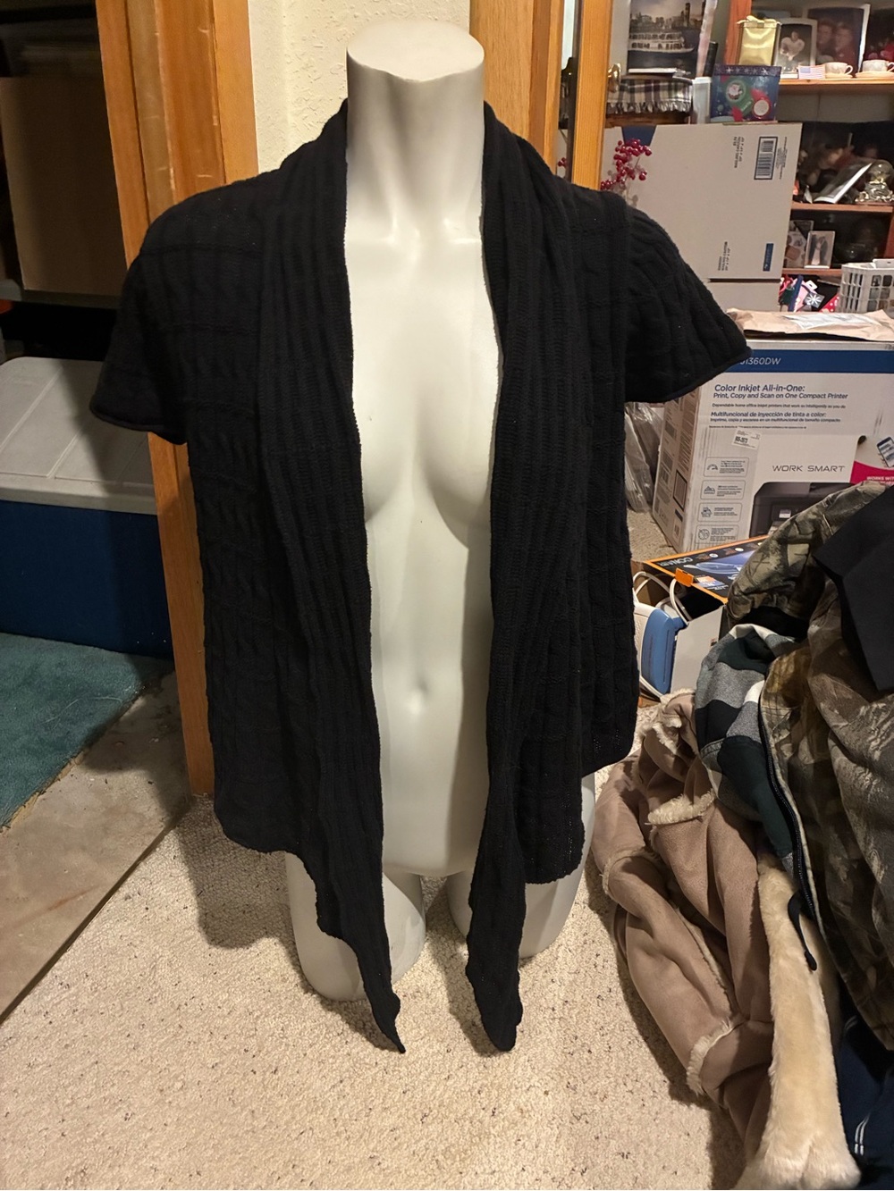 Black Open-Front Short-Sleeve Knit Cardigan